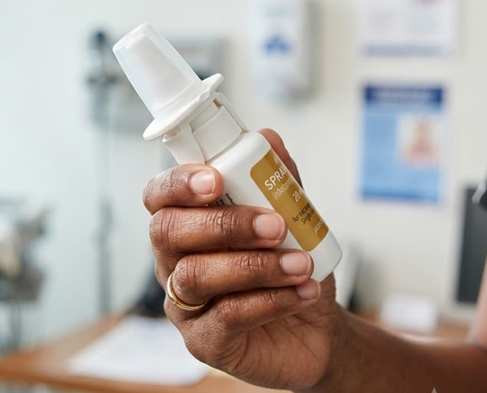 Hand holding a Spravato nasal spray device in a clinic
