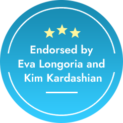 Three-star badge reading 'Endorsed by Eva Longoria and Kim Kardashian'