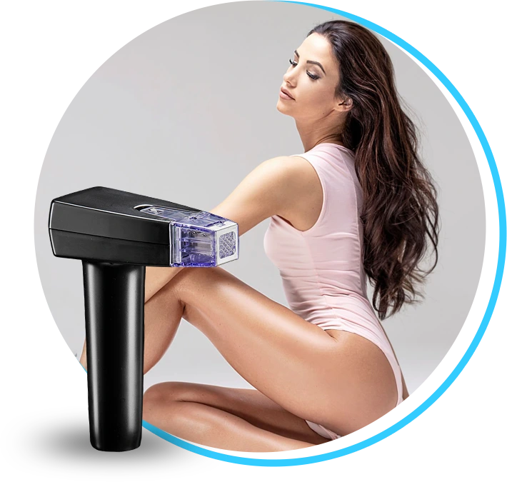 Woman in pink swimsuit using handheld laser hair removal device on her arm