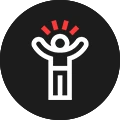 Black circular icon with white figure and red crown