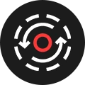 Black circular icon with red center target and concentric rings