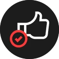 Black circular icon with white thumbs up and red checkmark