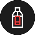 Supplement bottle icon in red and white on black circle background