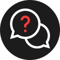 Question mark speech bubble icon in white on black circle background