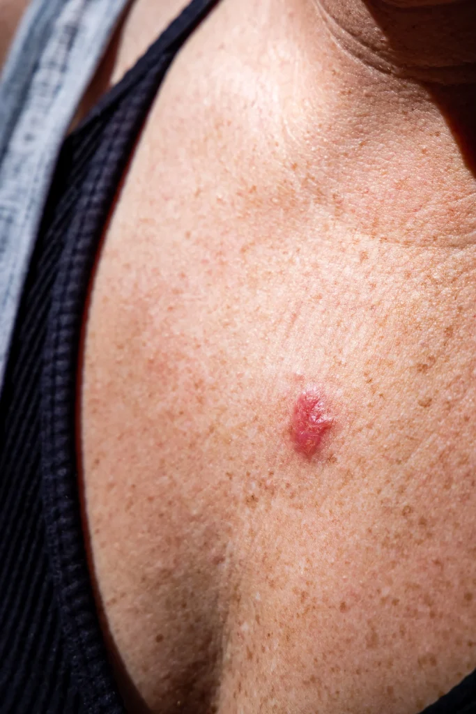 Close-up of basal cell carcinoma lesion on patient's skin