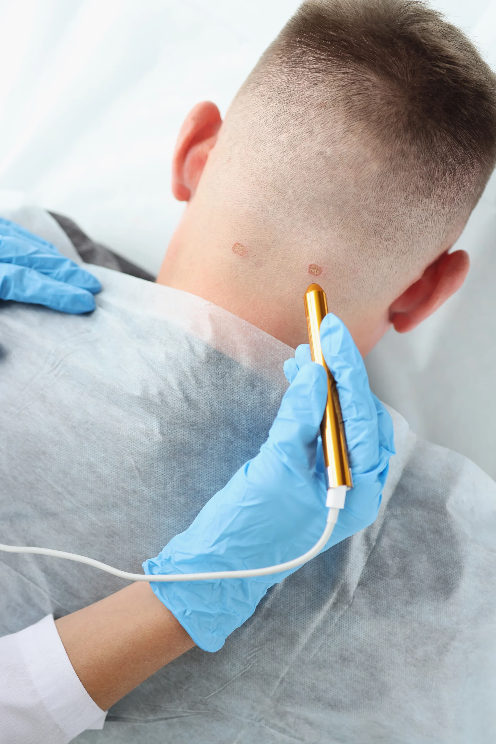 Dermatologist in blue gloves examining skin lesions on patient's neck and shoulder with a surgical instrument