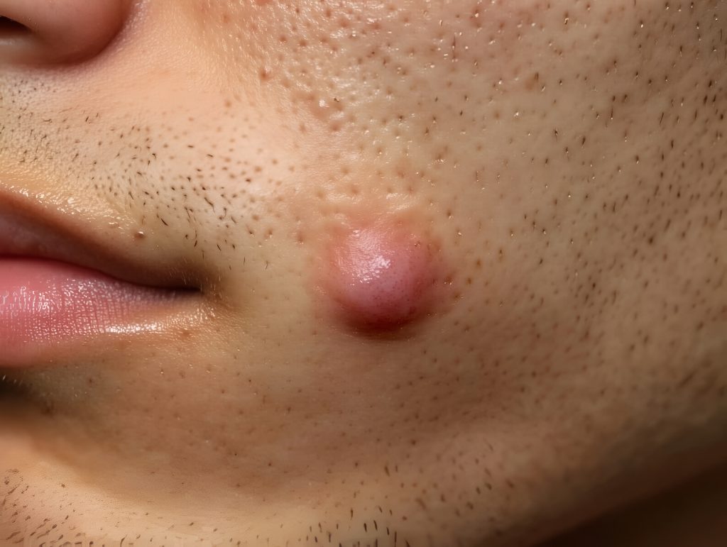 Close-up of nodular acne and inflamed lesion on male patient's cheek and jawline