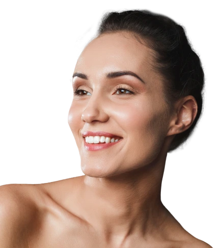 Woman with dark hair pulled back, smiling with visible teeth