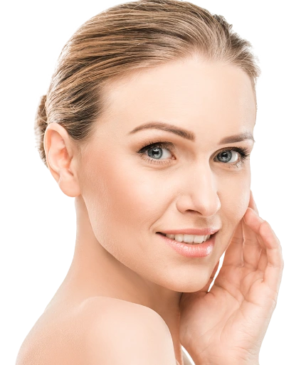 Woman with clear skin smiling and touching her face