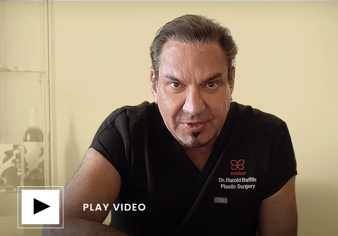 Dr. Harold Bafitis in black scrubs with Evolus logo, play video button overlay