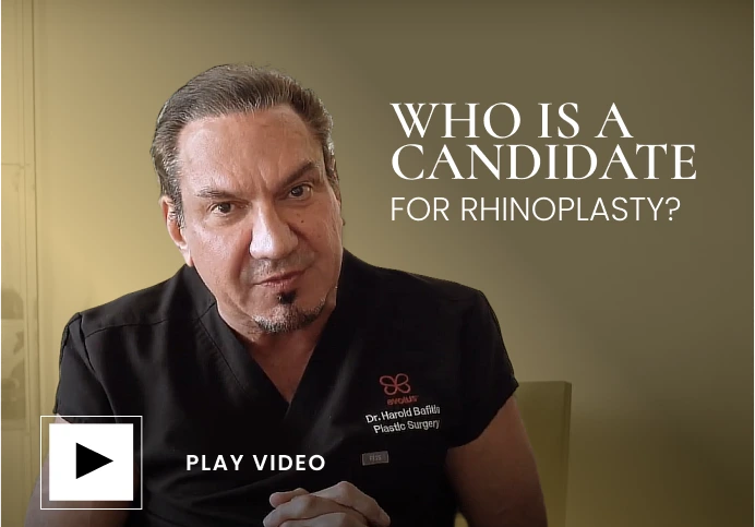 Dr. Harold Bafitis discussing rhinoplasty candidacy, play video button overlay