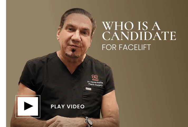 Dr. Harold Bafitis discussing facelift candidacy, play video button overlay