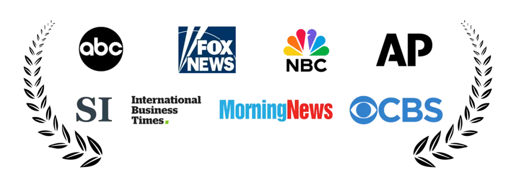 Media outlets logos including ABC, FOX News, NBC, AP, SI, International Business Times, MorningNews, and CBS with laurel wreaths