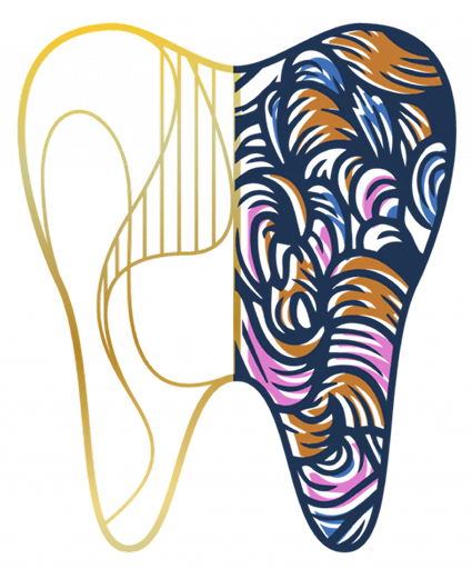 Stylized tooth illustration with anatomical cross-section in gold and multicolored design