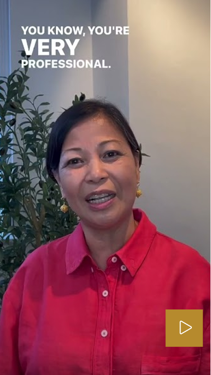 Patient testimonial with text 'You know, you're very professional' overlaid on video still