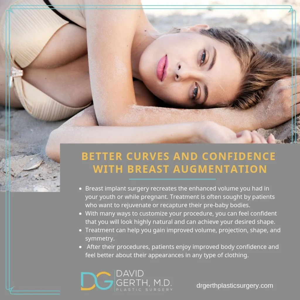 Woman lying on sand with text overlay describing breast augmentation benefits and David Gerth, M.D. logo