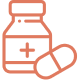 Orange outline icon of medication bottle with pills