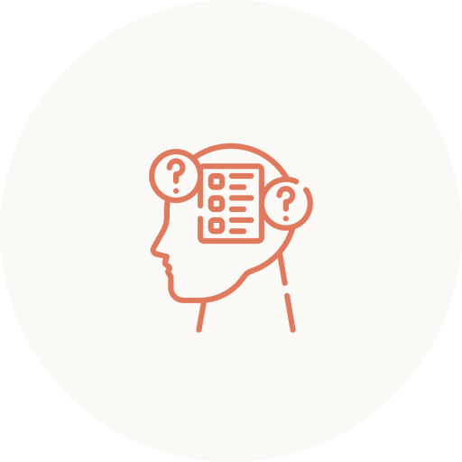 Head profile with checklist and question marks illustrating obsessive thoughts