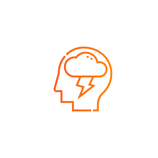 Head profile with storm cloud and lightning bolt symbolizing PTSD