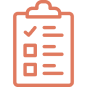 Orange clipboard icon with checkmarks and list items