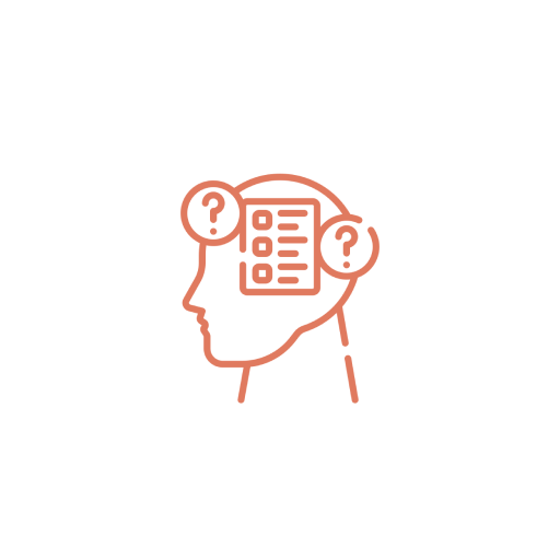 Outlined icon of a head with question marks and a checklist inside