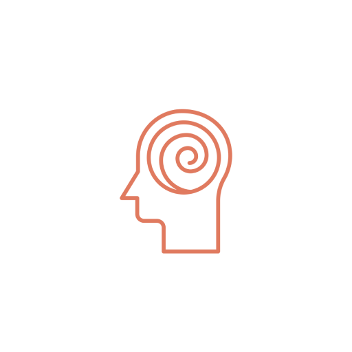 Outlined icon of a head in profile with a spiral in the brain area