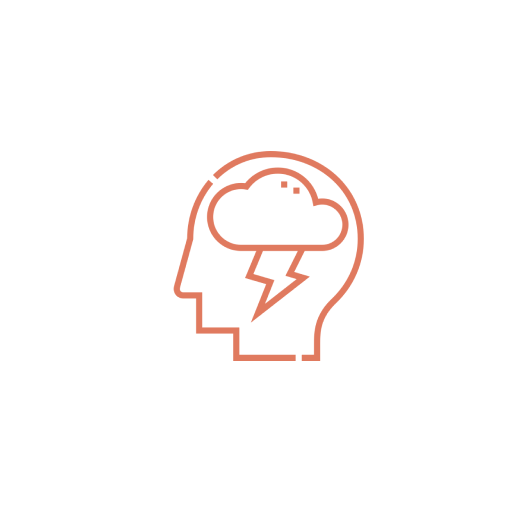 Outlined icon of a head in profile with a cloud and lightning bolt inside