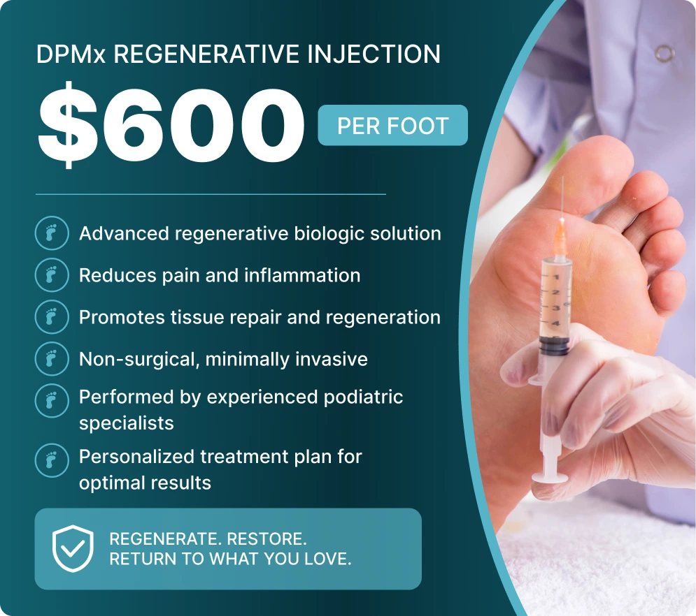 DPMx regenerative injection priced at $600 per foot, displayed in clinician's hands with syringe over a patient's foot