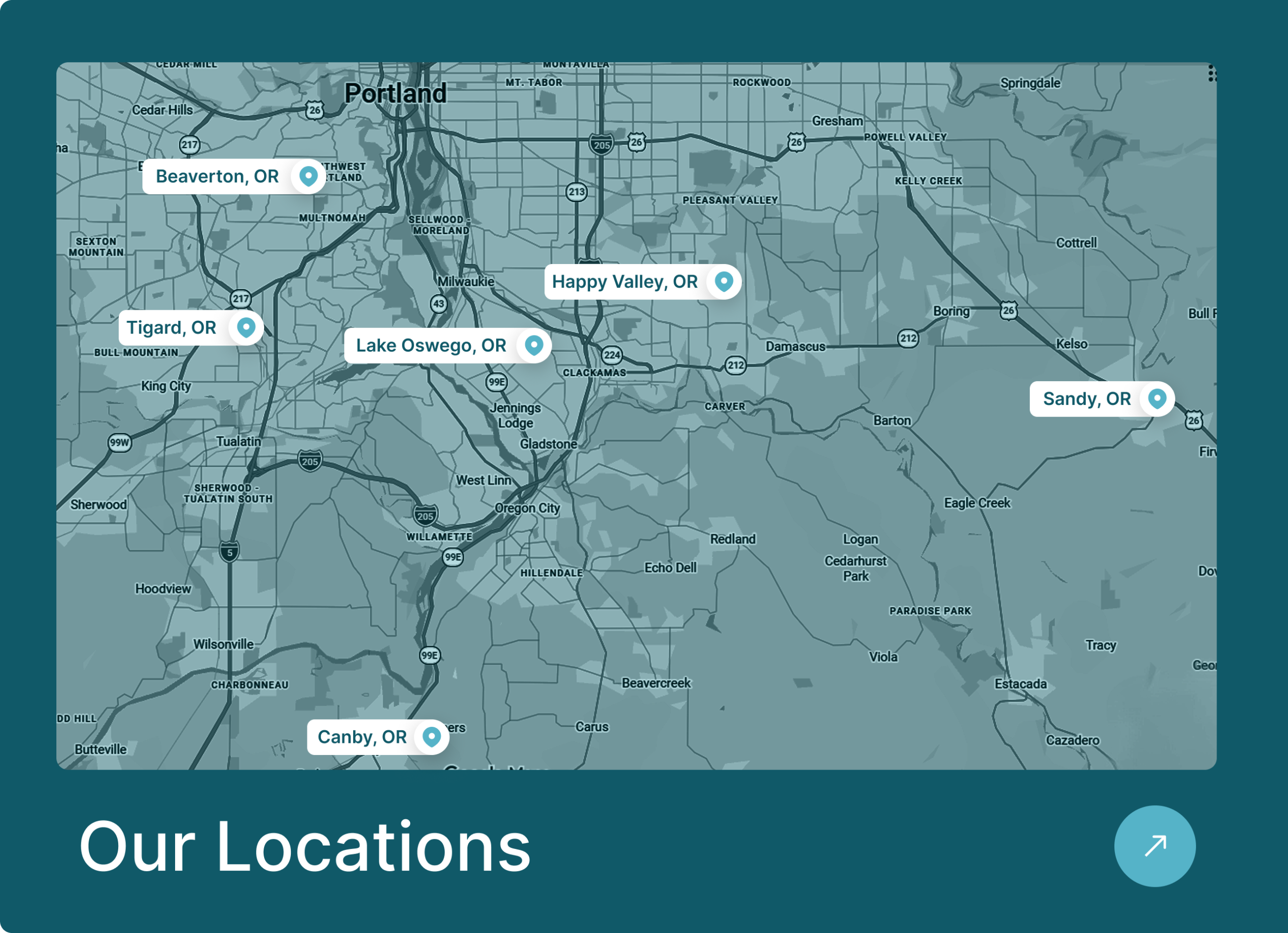 Map of Oregon showing Elite Facial & Oral Surgery locations in Beaverton, Tigard, Lake Oswego, Happy Valley, Sandy, and Canby