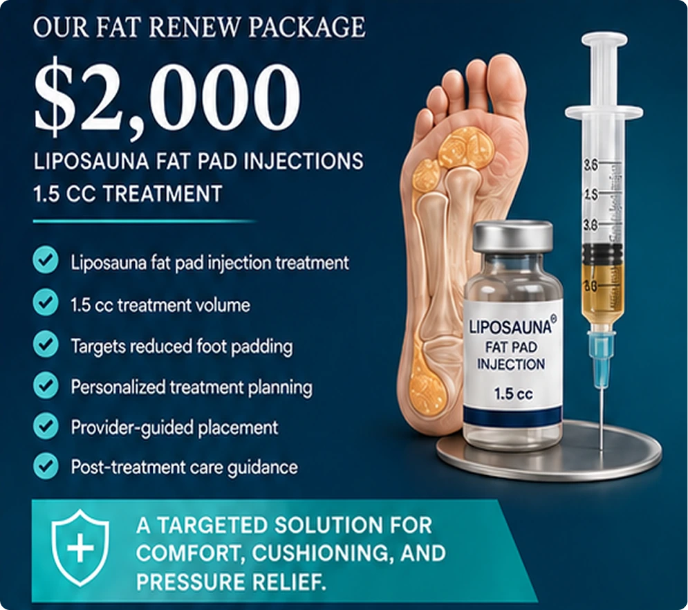 Elite Foot and Ankle's Fat Renew Package pricing and details for $2,000 Liposauna fat pad injections with anatomical foot diagram, vial, and syringe