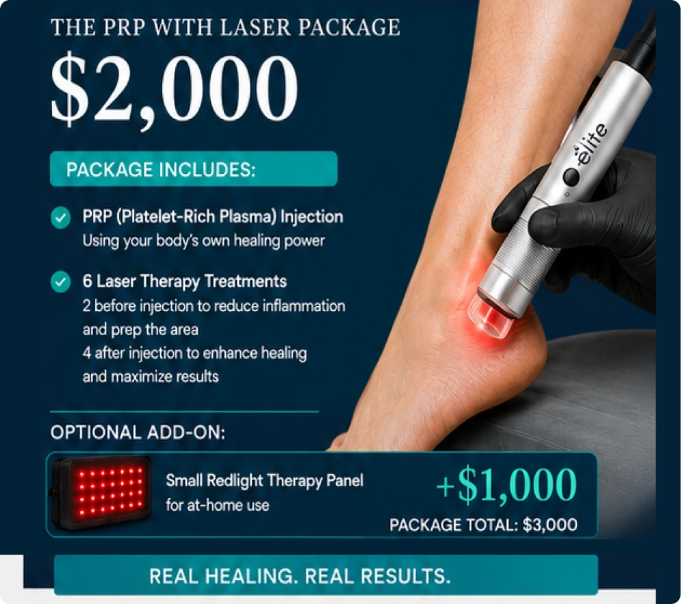 PRP with Laser Package priced at $2,000, showing laser therapy applied to an ankle with package details and optional redlight therapy panel add-on