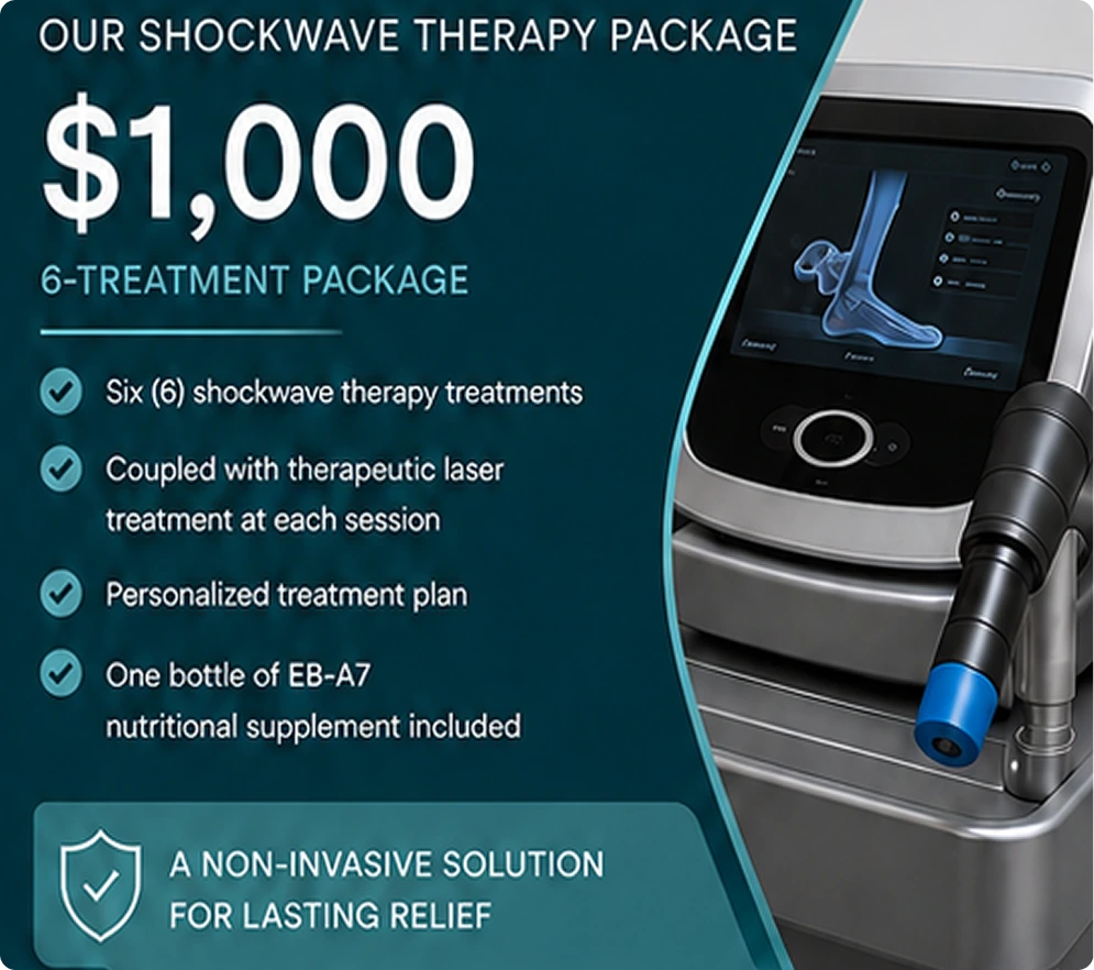 Shockwave therapy device with foot anatomy display; $1,000 6-treatment package includes laser therapy, personalized plan, and EB-A7 supplement