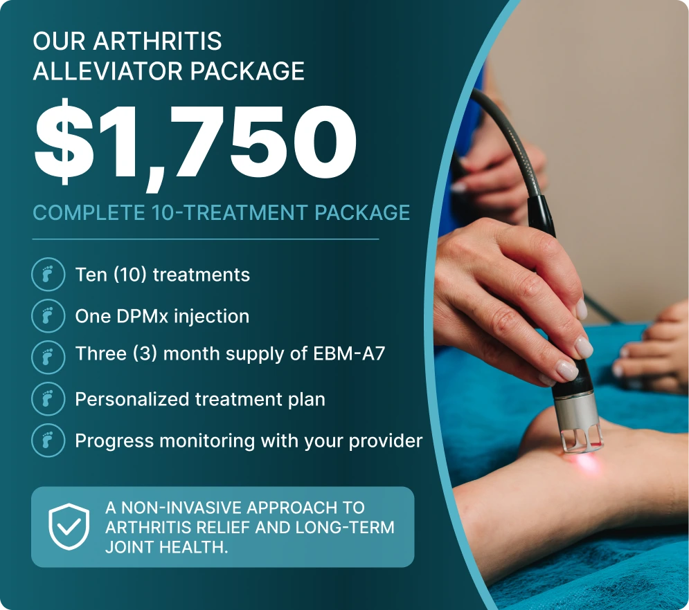 Elite Foot and Ankle's Arthritis Allevator Package for $1,750 includes ten treatments, one DPMx injection, three-month EBM-A7 supply, personalized plan, and progress monitoring; clinician applying ultrasound therapy to patient's ankle