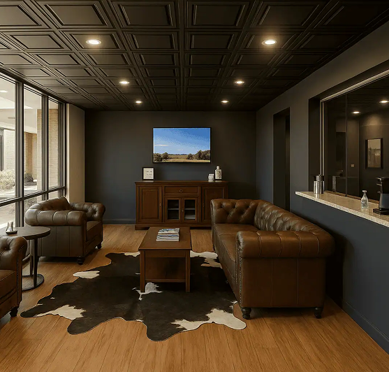 Modern medical office reception area with leather seating and landscape artwork