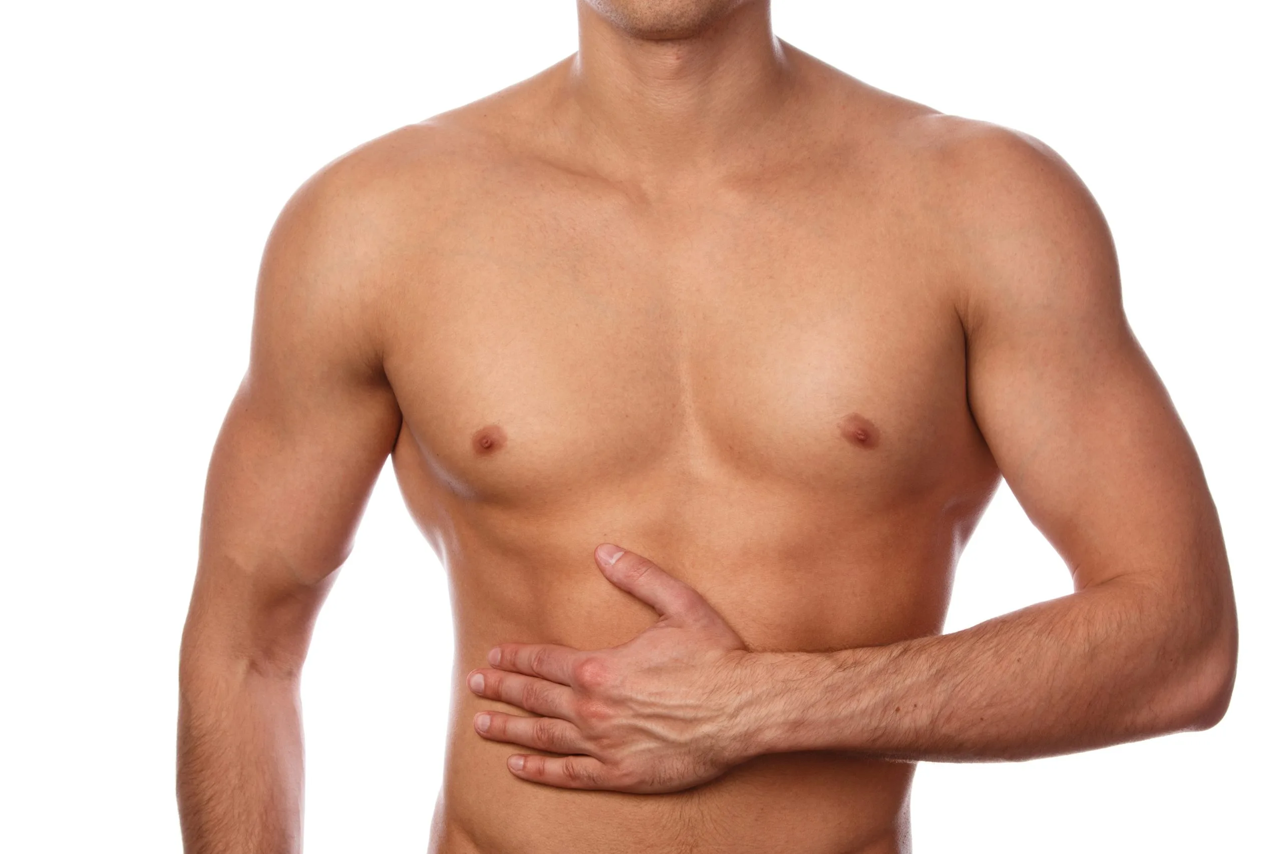 Man touching his abdominal area with hand against white background