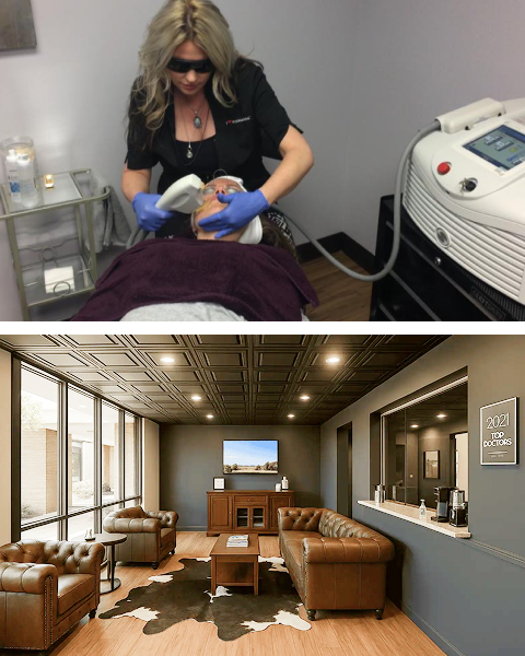 Clinician in blue gloves performing laser treatment on patient's leg and modern practice reception area
