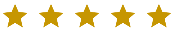 Five gold stars in a row representing a five-star rating
