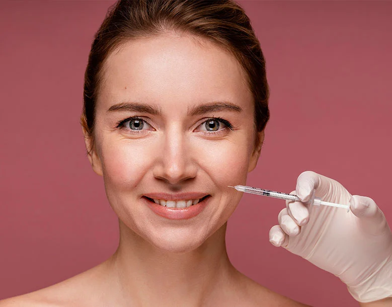 Woman receiving Botox injection to forehead area from gloved provider
