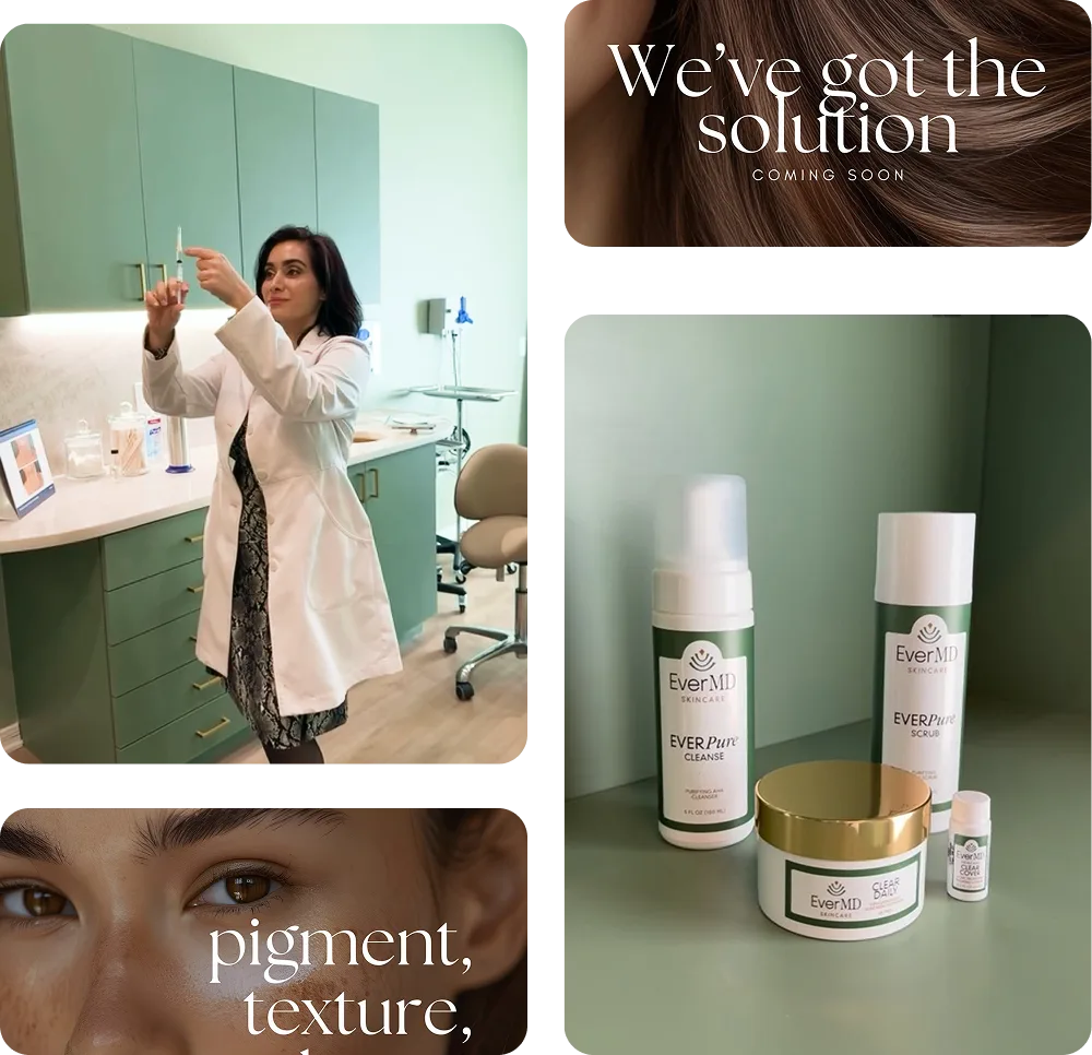 Dermatologist in white coat holding skincare product in clinical treatment room; EverMD product line displayed including cleanser, moisturizer, and serum on green background