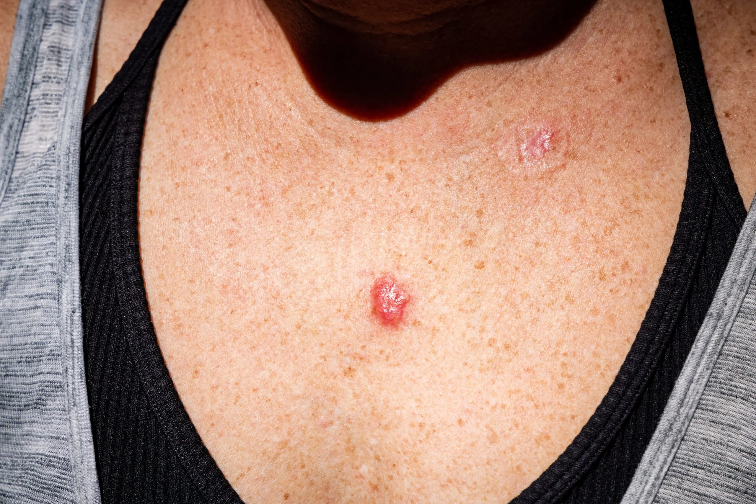 Close-up of basal cell carcinoma lesion on patient's chest, showing red, scaly growth