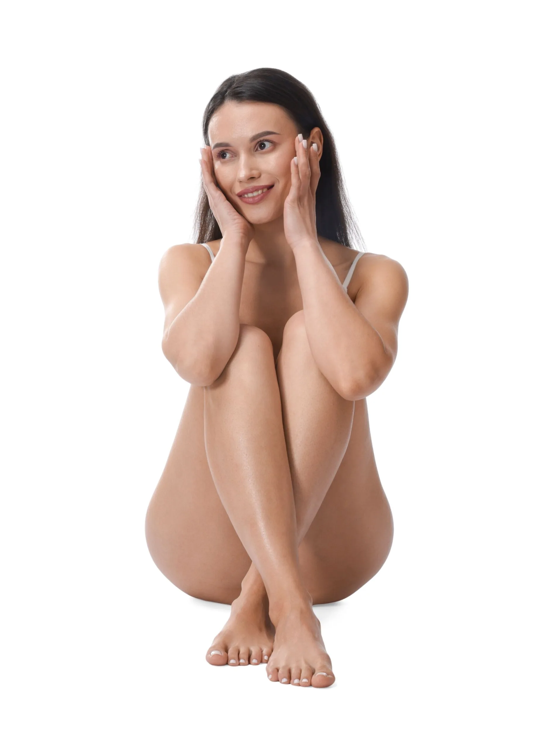 Woman with glowing skin touching her face, demonstrating smooth complexion results