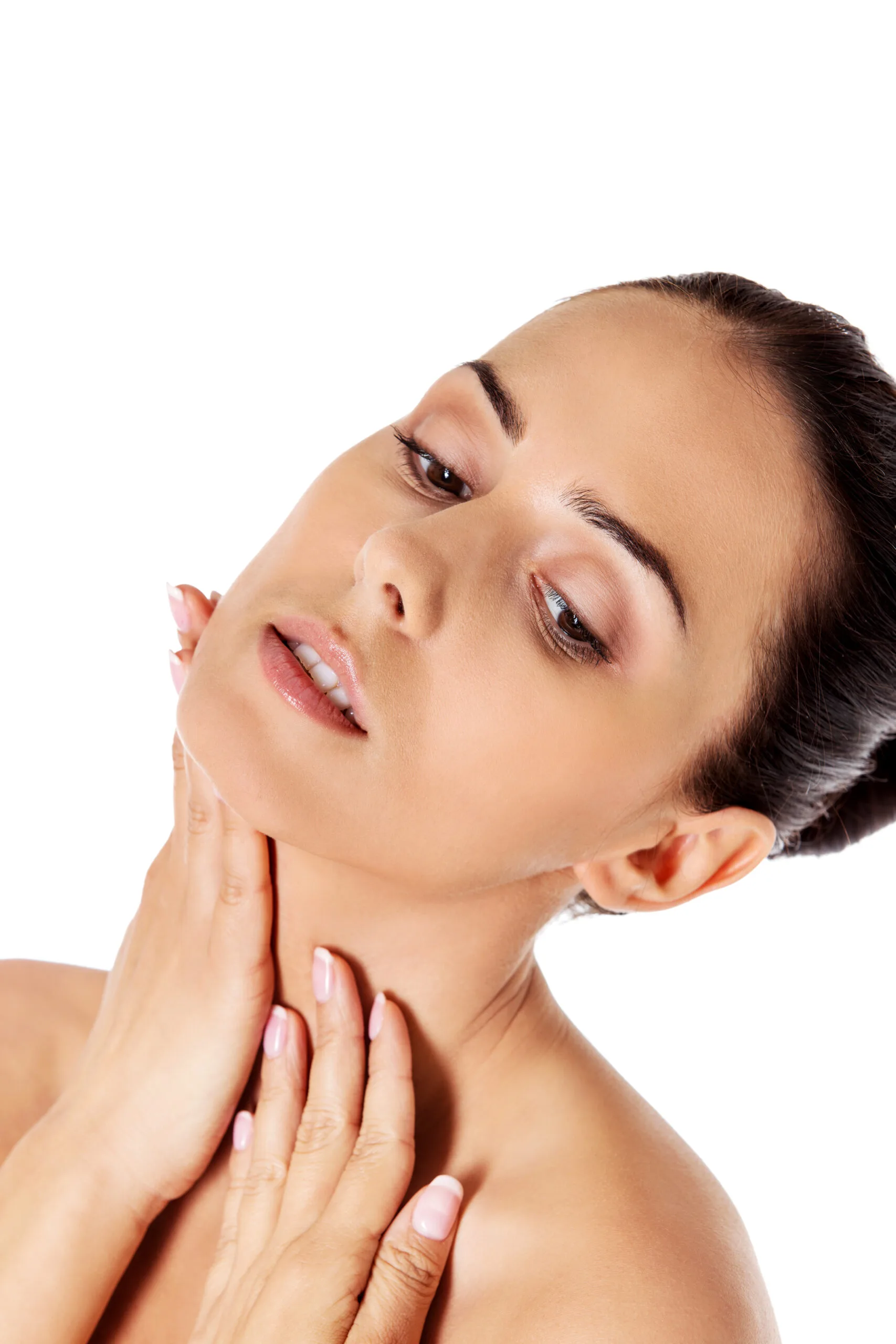 Woman touching her cheek and neck, demonstrating facial contours