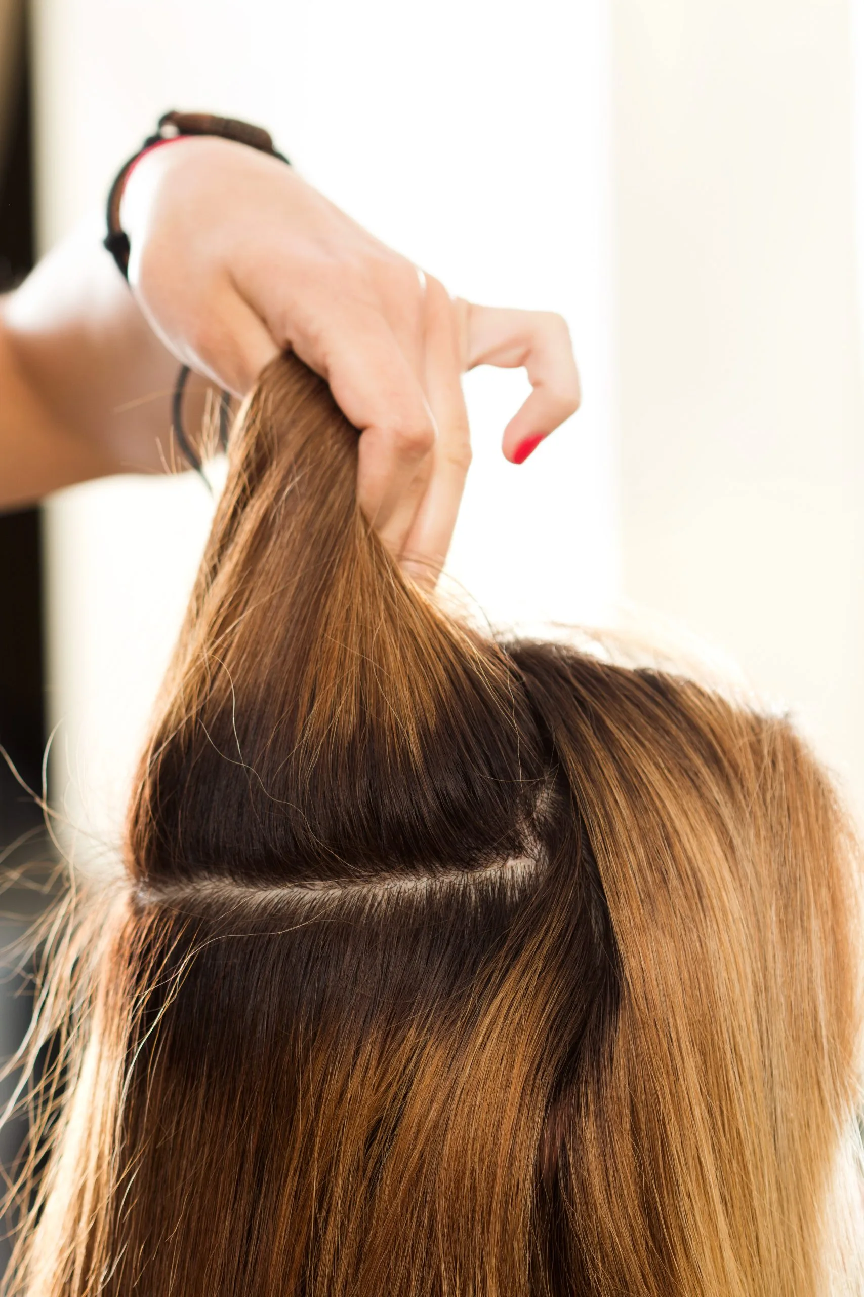 Hand holding section of long brown hair showing texture and color