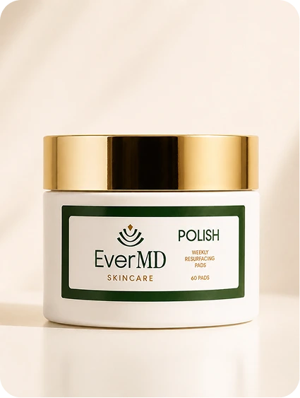 EverMD Skincare Polish jar with gold lid and green label on cream background