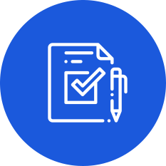 Blue circle icon showing clipboard with checkmark and pen