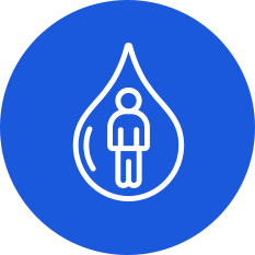 Person inside water droplet icon representing hydration on blue circular background
