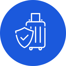 Blue circle icon showing suitcase with shield and checkmark