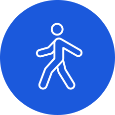 Blue circle icon showing figure in walking pose