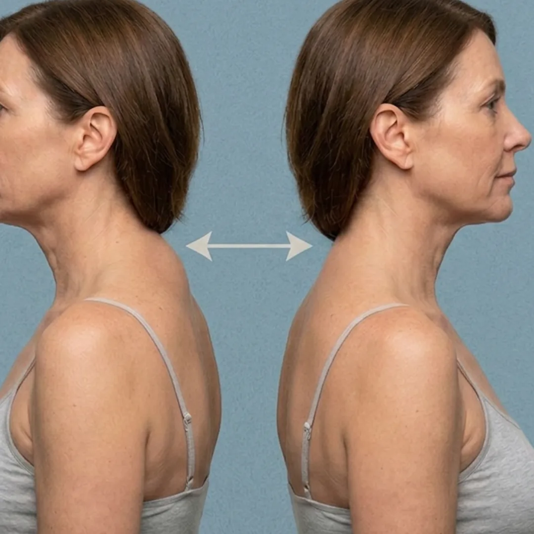 Before and after profile comparison showing reduced upper back fullness, with double-headed arrow indicating neck and shoulder area
