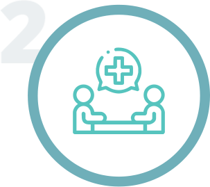 Icon showing two people meeting with medical provider chat bubble above